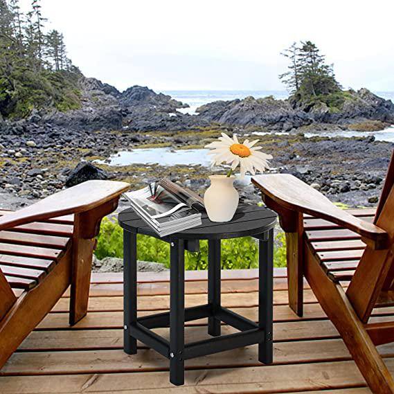Black Round Outdoor End Table with Wood Core