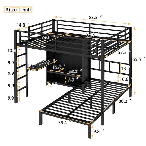 Nestfair Black Metal Full XL over Twin Bunk Bed with Folding Desk