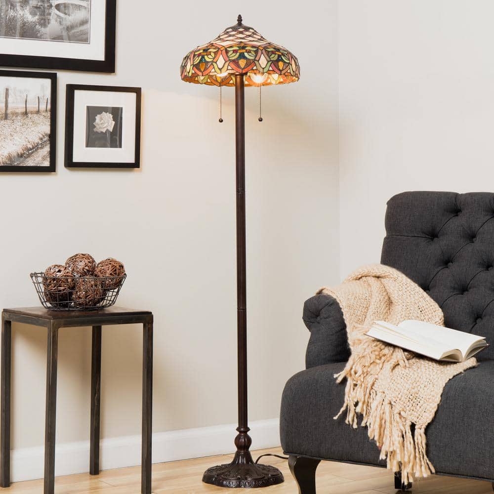 Antique Bronze Stained Glass Floor Lamp with Pull Chain Switch