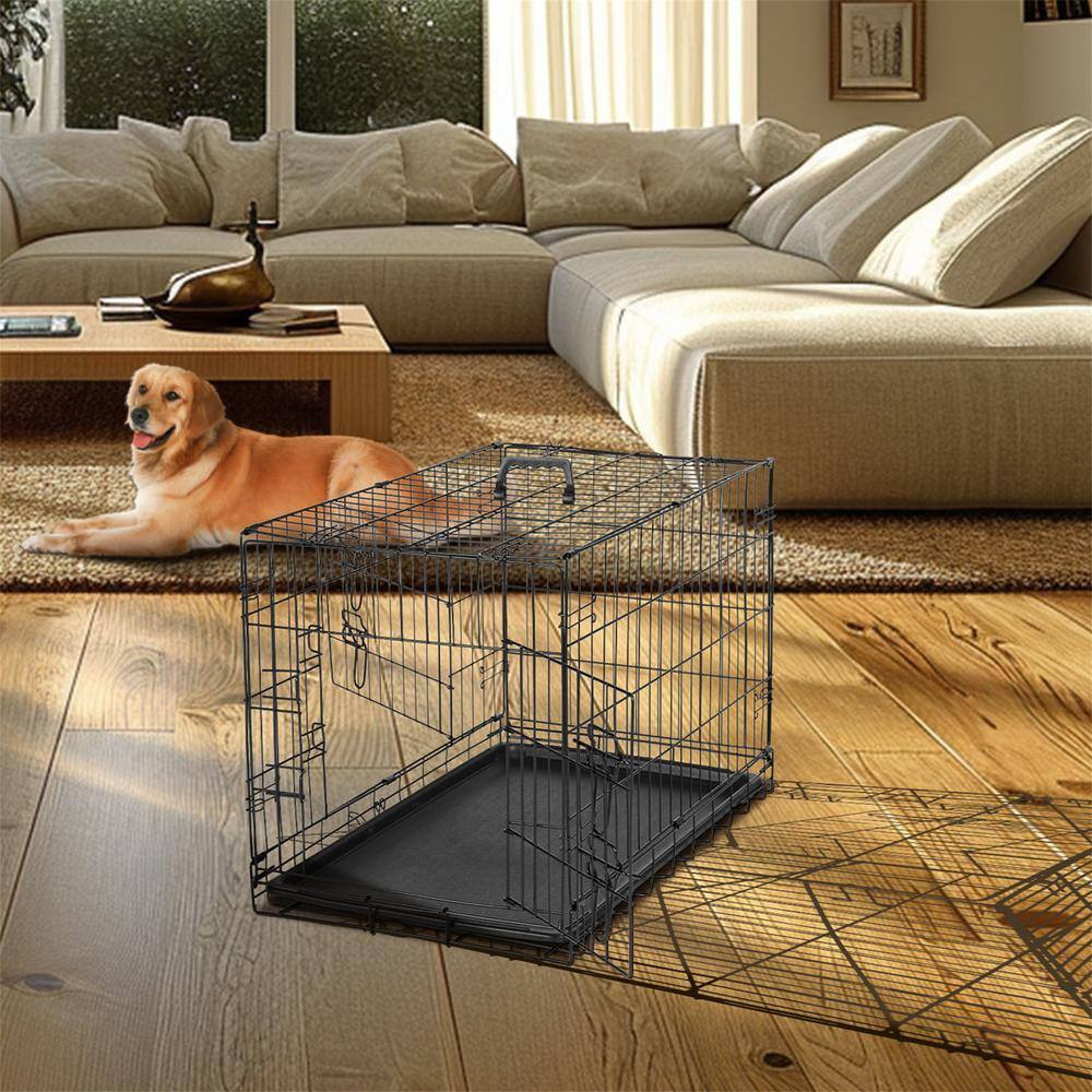 Small Black Wire Double Door Dog Crate with Tray