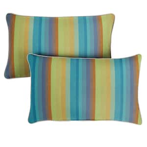 Sunbrella Blue Stripe with Silver Grey Rectangular Outdoor Corded Lumbar Pillows (2-Pack)