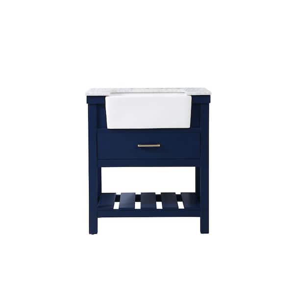 Unbranded Timeless Home 30 in. W x 22 in. D x 34.13 in. H Single Bathroom Vanity Side Cabinet in Blue with White Marble Top