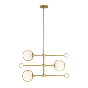 Teatro 3 Light Modern Brushed Gold with Etched Opal Glass Shades Chandelier For Dining Rooms