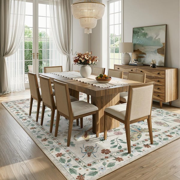 Washable Modern Insect Pattern Non Slip Beige 8 ft. x 10 ft. Living Room/Bedroom Indoor Area Rug