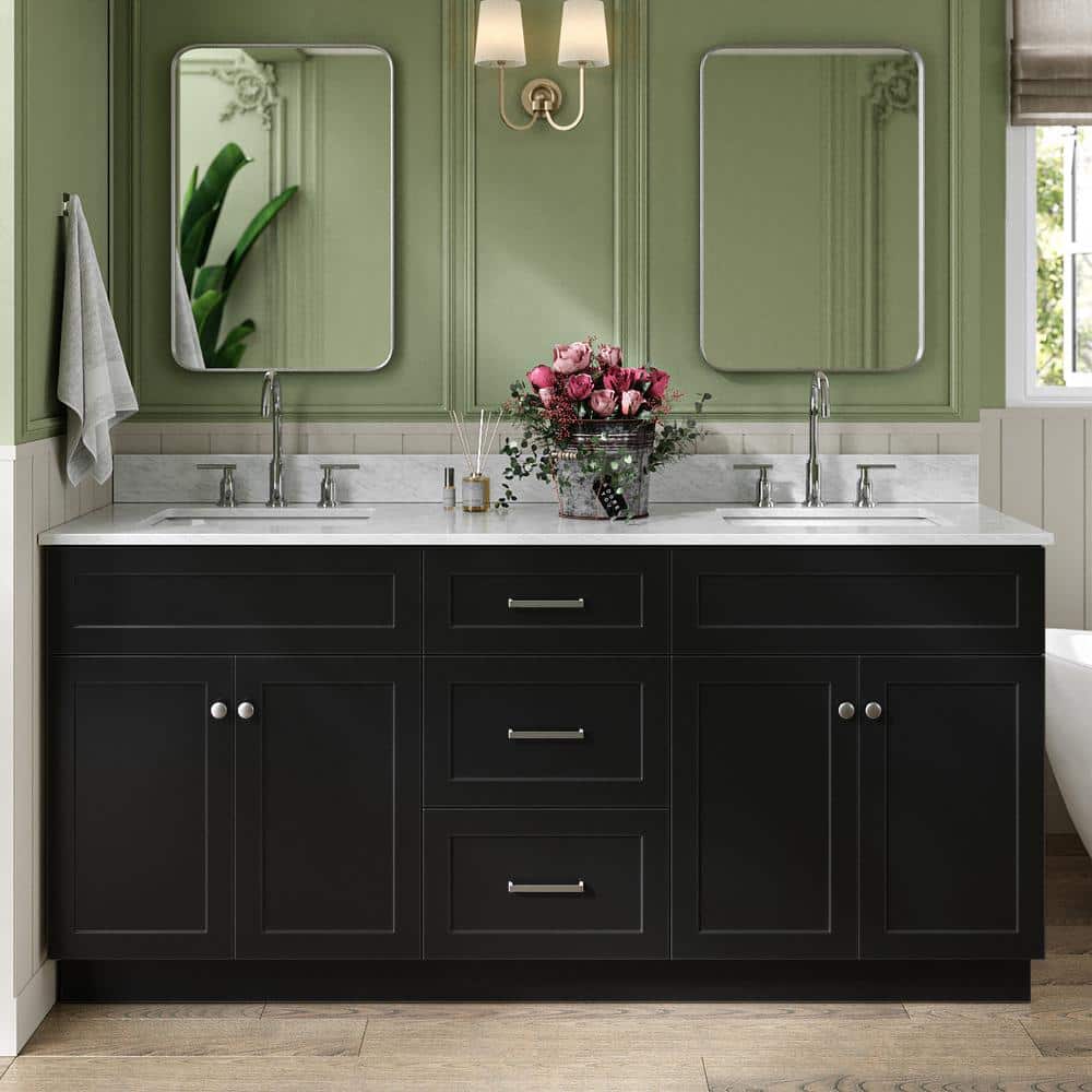 "Hamlet 72 in. Double Sink Freestanding Bathroom Vanity in Black with 0.75"" Carrara White Marble Top" price history on PriceWatchPro