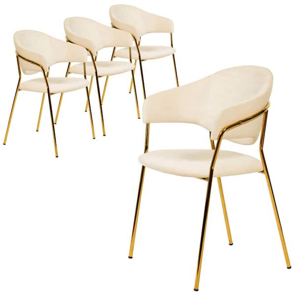 Leisuremod Upholstered velvet Dining Chair with Gold Stainless Steel Base Bella Collection Set of 4 in Off-White Velvet