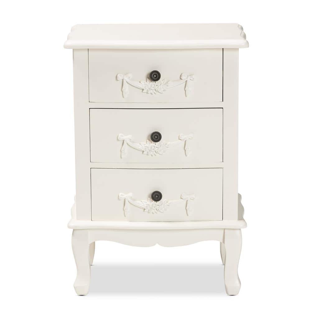 Callen Traditional White 3-Drawer Wood Nightstand with Floral Moldings
