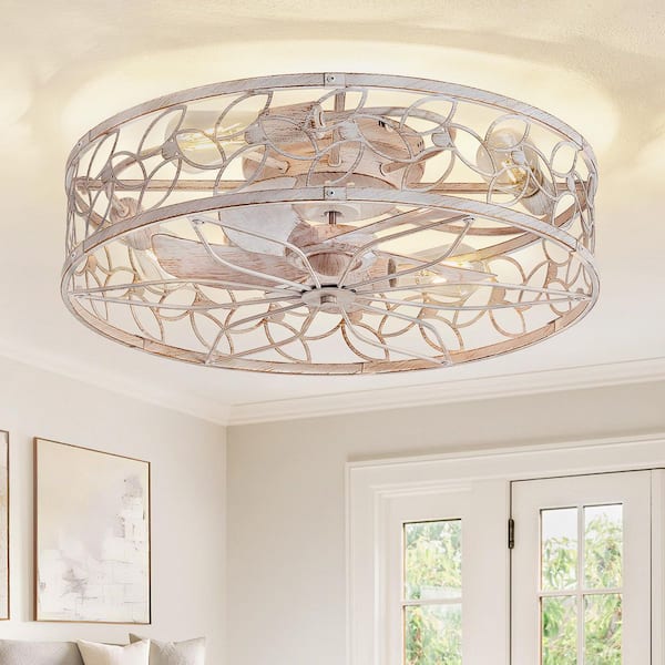 23 in. indoor Elegant White Gold Quiet Flush Mount Caged Ceiling Fan with Remote Control Included