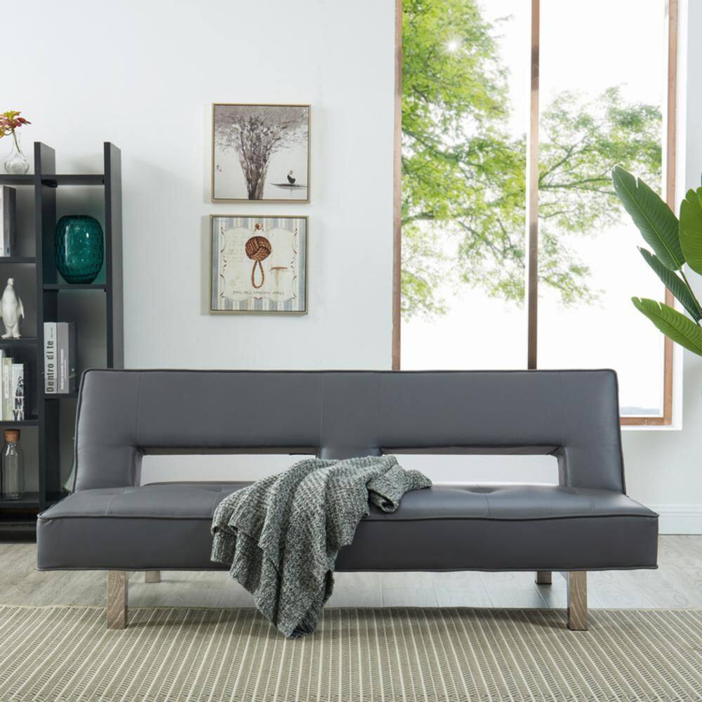 HOMESTOCK Gray Futon Sofa Bed Faux Leather Futon Couch Modern