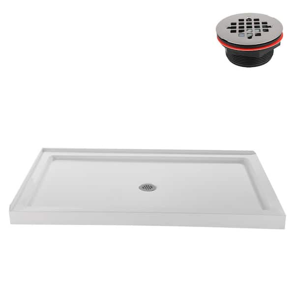 60 in. L x 36 in. W Corner Acrylic Shower Pan Base in Glossy White with Center Drain, Drain Included