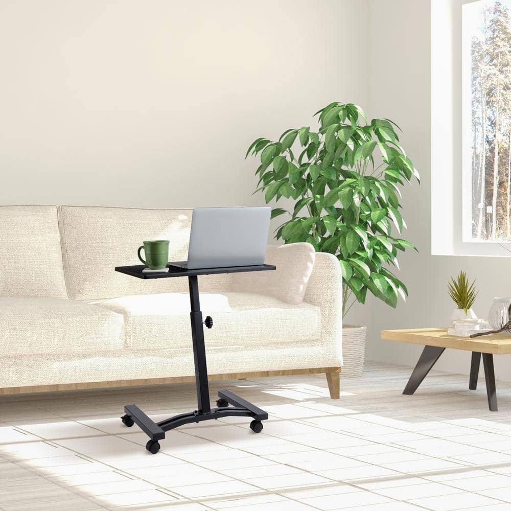 Adjustable Black Wood Mobile Laptop Cart with Smooth-Gliding Wheels
