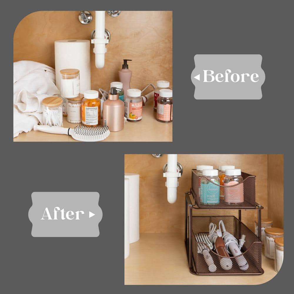 Bronze 2-Tier Metal Mesh Under Sink Organizer with Sliding Drawers