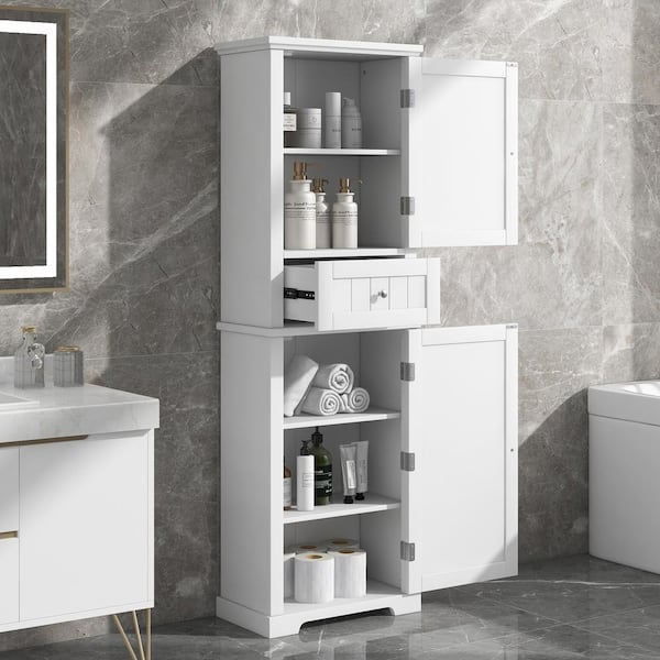 Unbranded 22 in. W x 11 in. D x 67 in. H White MDF Freestanding Linen Cabinet with Doors and Drawers, Adjustable Shelf