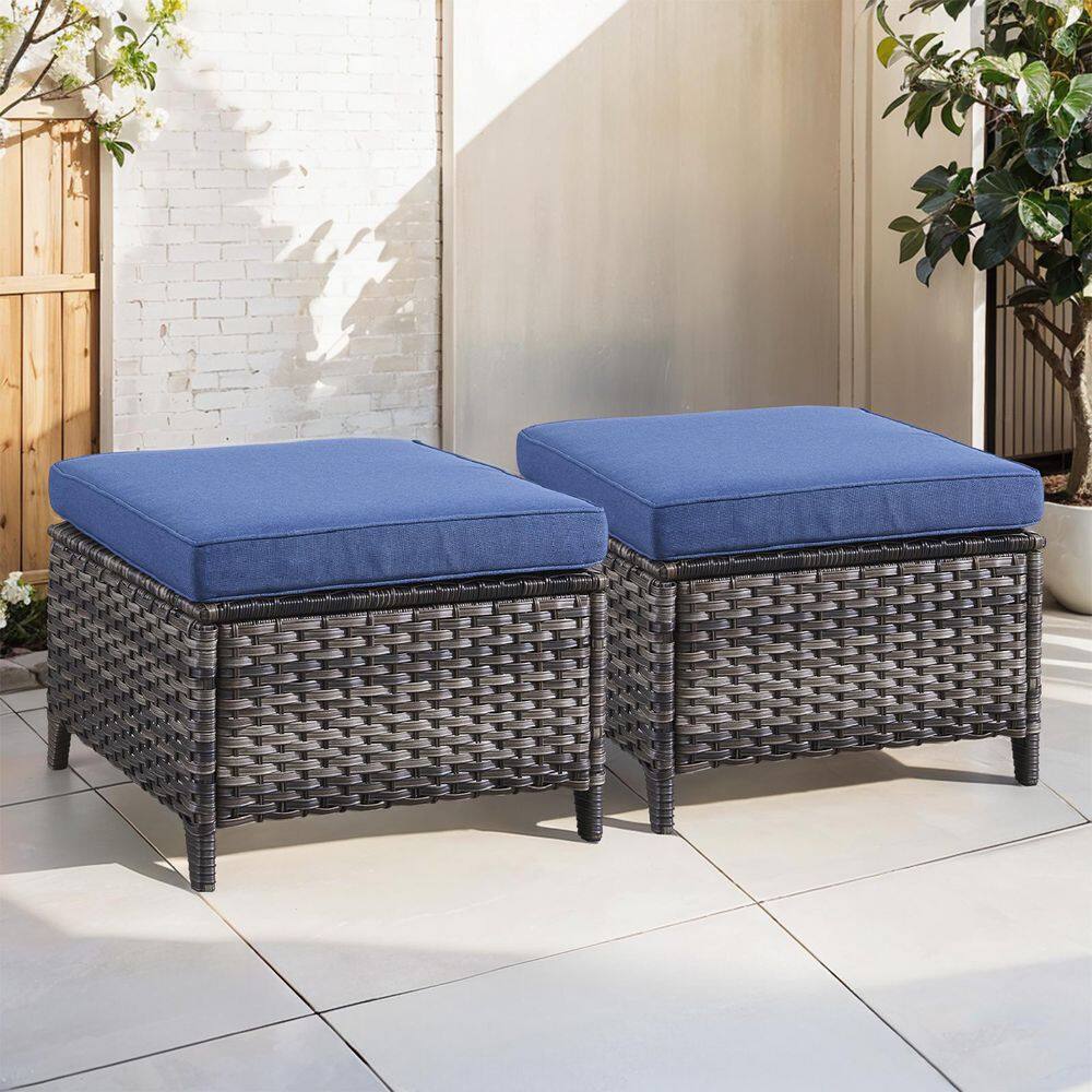 WellCane 2-Piece Gray Wicker Outdoor Ottoman Patio Footstool Multipurpose Outdoor Furniture Bench with Blue Cushion price history on PriceWatchPro