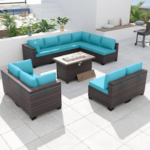 11-Piece Wicker Patio Conversation Set with 55000 BTU Gas Fire Pit Table and Glass Coffee Table and Blue Cushions