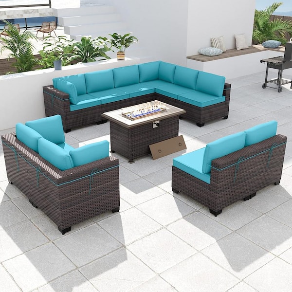Halmuz 11-Piece Wicker Patio Conversation Set with 55000 BTU Gas Fire Pit Table and Glass Coffee Table and Blue Cushions