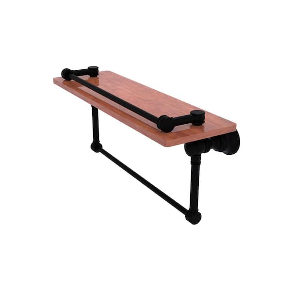 Allied Brass Carolina Collection 16 in. W x 7.4 in. H x 5.54 in. D Brass Rectangular Gallery Wood Shelf with Towel Bar in Matte Black