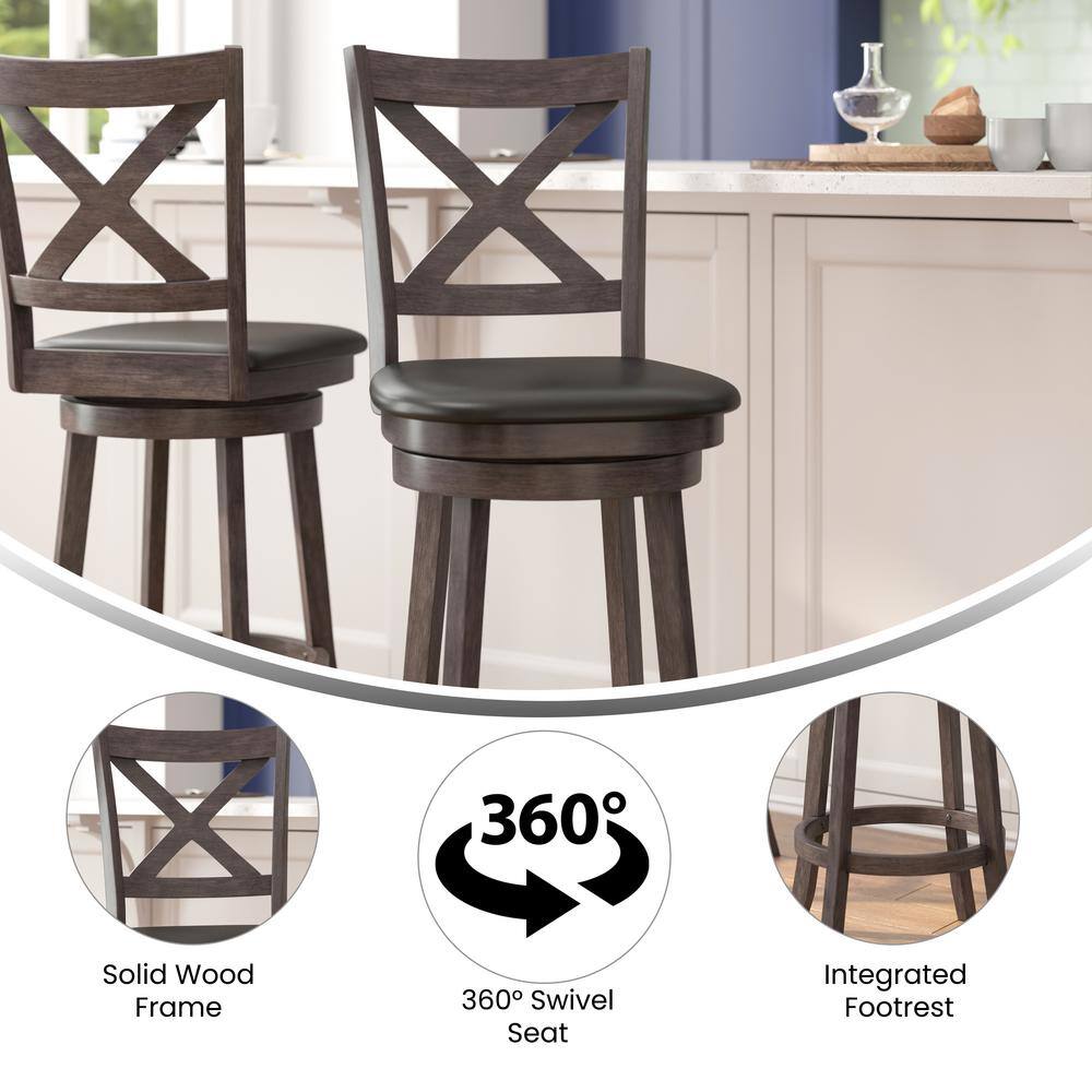 Gray Wash Walnut Crossback Swivel Bar Stool with Faux Leather Seat