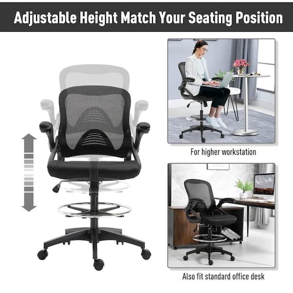 Vinsetto Black Drafting Office Chair with Lumbar Support, Flip-Up Armrests,  Footrest Ring and Adjustable Seat Height 921-190 - The Home Depot