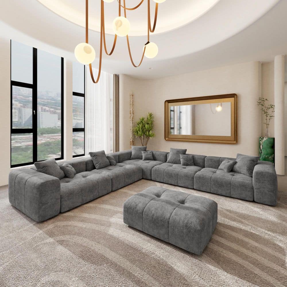 J&E Home 144.17 in. Square Arm 6-piece Linen Modular Sectional