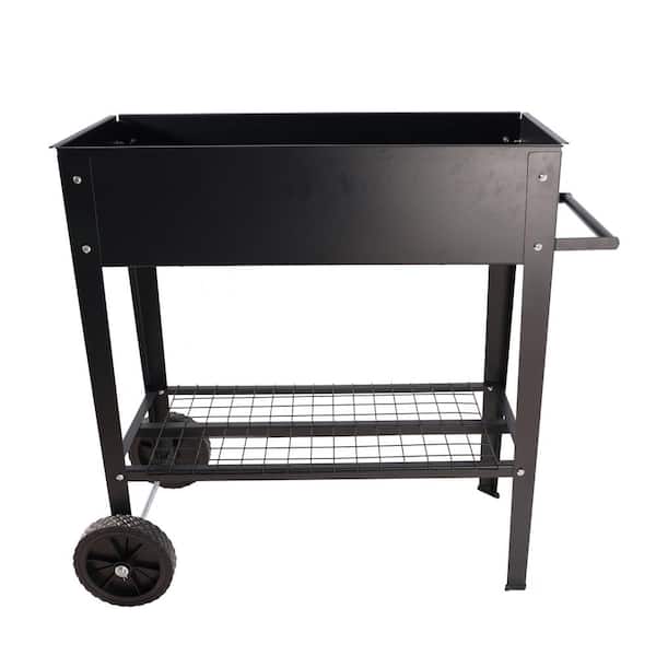 Oyezvary 33.66 in. L Black Metal Rectangular Indoor/Outdoor Elevated Tall Planter Raised Beds with Legs, Wheels & Storage Shelf