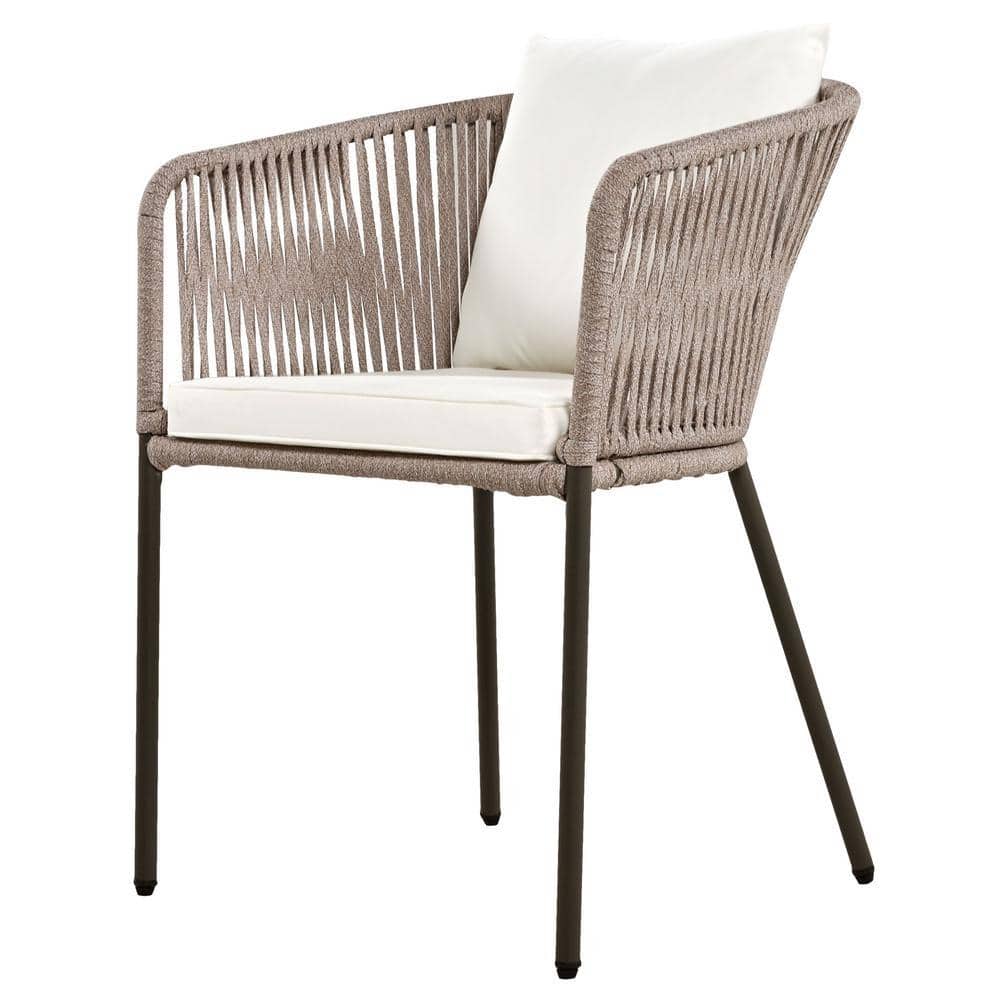 Close-up of a Homeaura rope-weave outdoor dining chair with beige cushions.