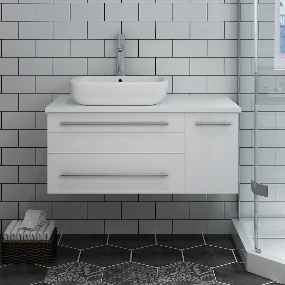 Lucera 36" White Quartz Stone Wall-Mount Vanity with Vessel Sink
