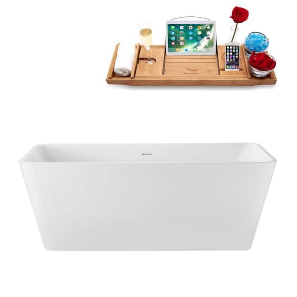 Streamline 63 in. x 30 in. Acrylic Freestanding Soaking Bathtub in Glossy White with Matte Oil Rubbed Bronze Drain, Bamboo Tray