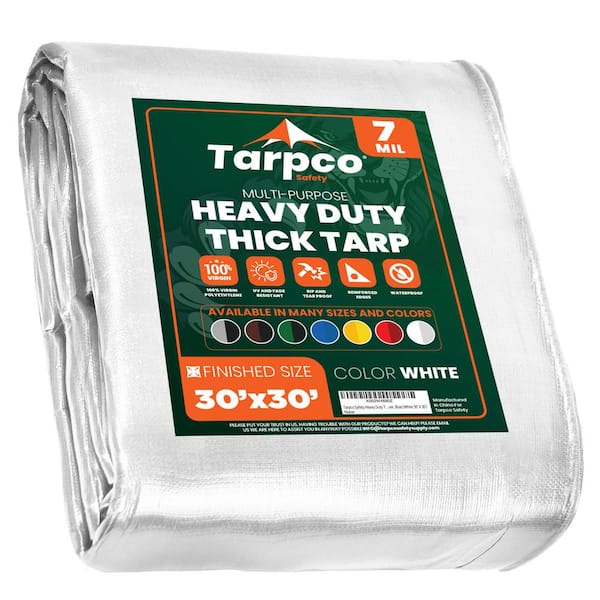 TARPCO SAFETY 30 ft. x 30 ft. White 7 Mil Heavy Duty Polyethylene Tarp, Waterproof, UV Resistant, Rip and Tear Proof