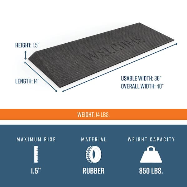 TRANSITIONS 14 in. L x 40 in. W x 1.5 in. H Angled Entry Door Threshold Welcome Mat, Black, Rubber