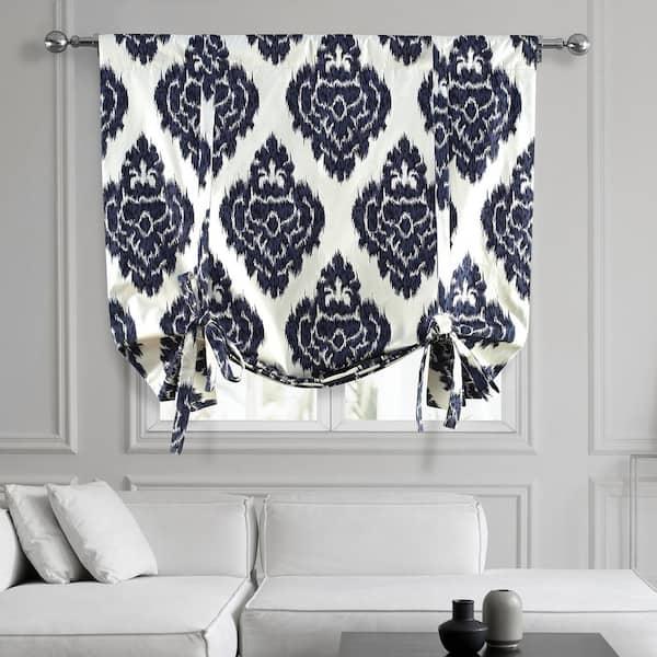 Exclusive Fabrics & Furnishings Ikat Blue Printed Cotton Rod Pocket Room Darkening Tie-Up Window Shade - 46 in. W x 63 in. L (1 Panel)