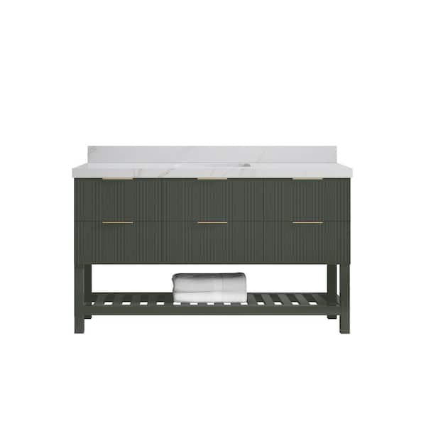 Willow Collections Catalina 60 in. Single Sink Freestanding Pewter Green Bath Vanity with Calacatta Sienna Qt. Top Unassembled