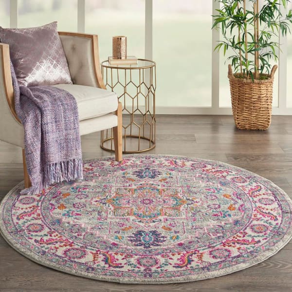 Passion Light Grey Pink 4 ft. x 4 ft. Persian Medallion Transitional Round Area Rug