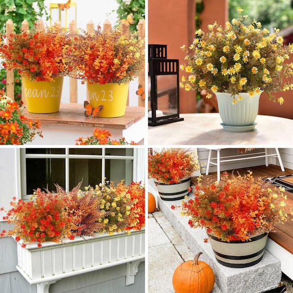 12 Pack Artificial Fall Ferns - Orange Boston Fern Plants For Outdoor Autumn Decor