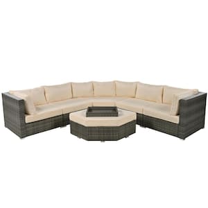 6-Piece Wicker Outdoor Patio Furniture Set, Sectional Sofa with Ottoman and Beige Cushions and Small Trays