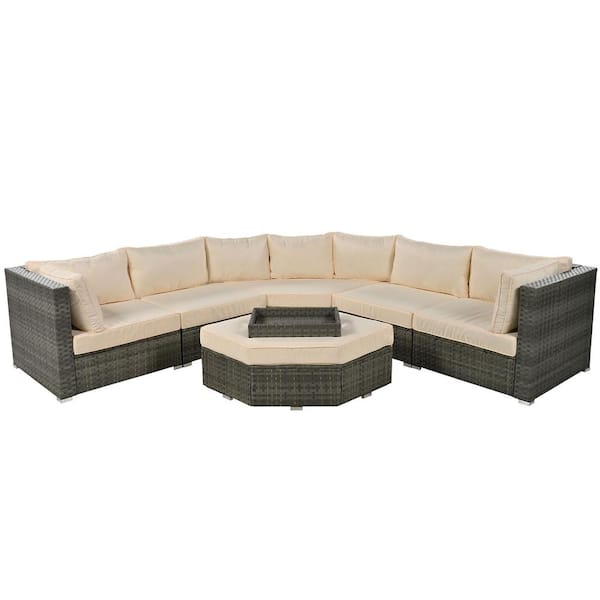 Unbranded 6-Piece Wicker Outdoor Patio Furniture Set, Sectional Sofa with Ottoman and Beige Cushions and Small Trays