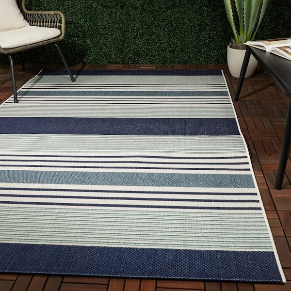 Jonah Navy Blue 8 ft. x 10 ft. Striped Indoor/Outdoor Area Rug