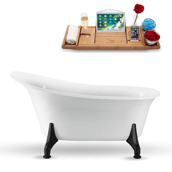 Streamline 59 in. Acrylic Clawfoot Non-Whirlpool Bathtub in Glossy White With Matte Black Clawfeet And Polished Gold Drain