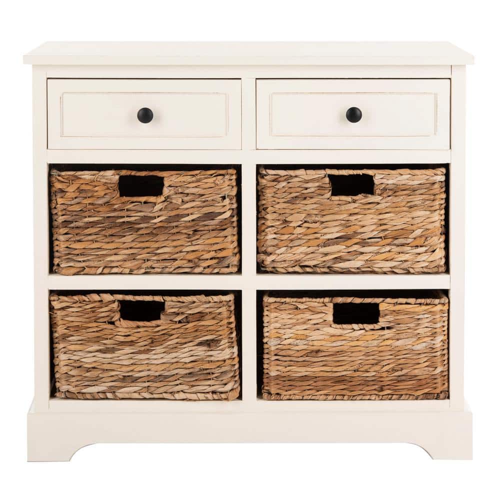 Distressed Cream Pine 6-Drawer Storage Unit with Wicker Baskets