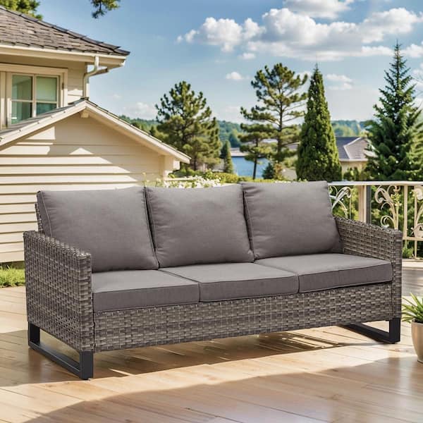 Gray Wicker Outdoor Couch, Rattan Wicker 3-Seat Sofa High Back Couch with Gray Cushions for Garden Backyard