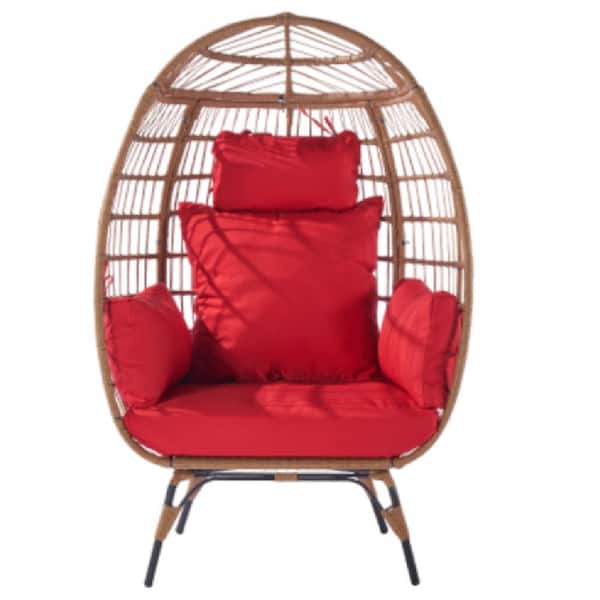 ITOPFOX Red Rattan Outdoor Oversized Wrecker Egg Chair with Steel Frame and 5 Cushions