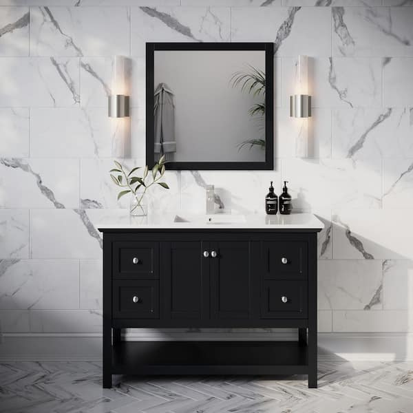 Manchester 48 in. Single Sink Shaker-Style Black Bath Vanity with White Quartz Top, Integrated Sink and Mirror