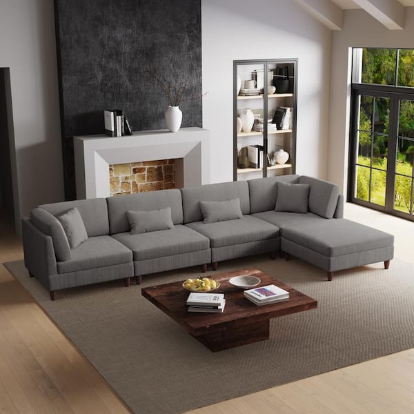 120.5 in. Straight Arm 5-Piece Corduroy Upholstered Modular Free Combination Sectional Sofa in. Light Gray with Ottoman