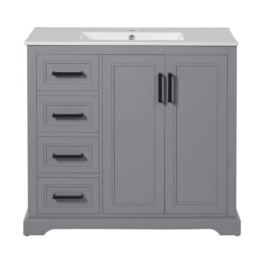 36 in. Single Sink Freestanding Gray Bath Vanity with White Ceramic Top, 3 Drawer, Adjustable Shelf, Unassembled price history on PriceWatchPro