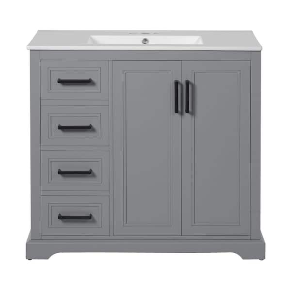 36 in. Single Sink Freestanding Gray Bath Vanity with White Ceramic Top, 3 Drawer, Adjustable Shelf, Unassembled