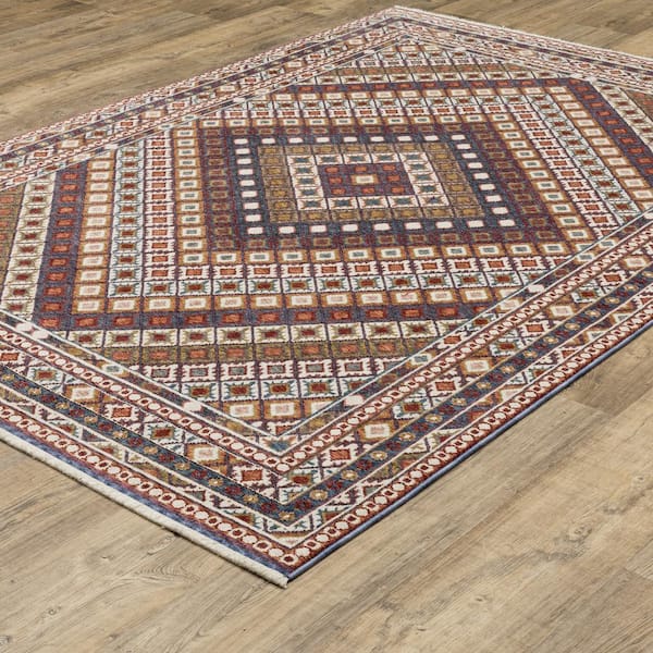 Hunter Red/Multi-Colored 2 ft. x 8 ft. Geometric Diamond Polyester Fringe-Edge Indoor Runner Area Rug