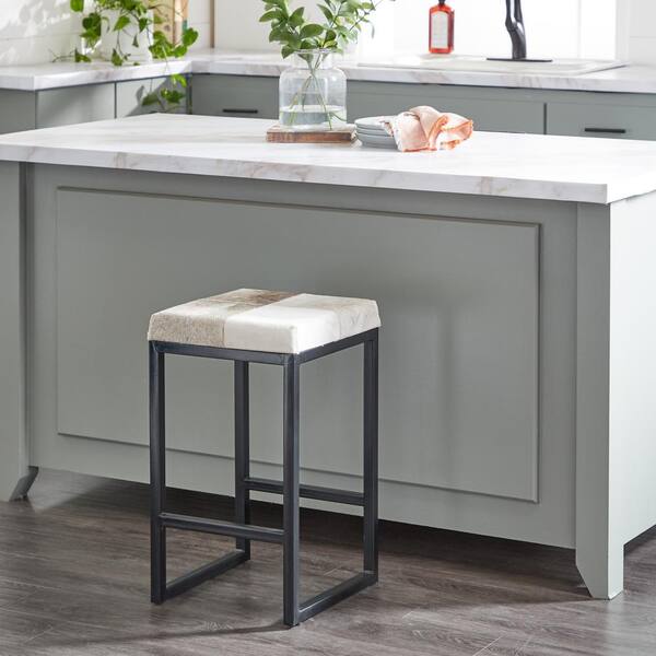 Litton Lane 24 in. Black Cowhide Counter Stool with Black Base