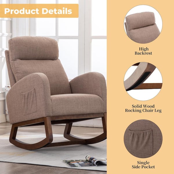 27 in. Camel Linen Rocking Chair, Modern Glider Recliner with Wood Legs and Side Pocket, High Back Nursery Armchair