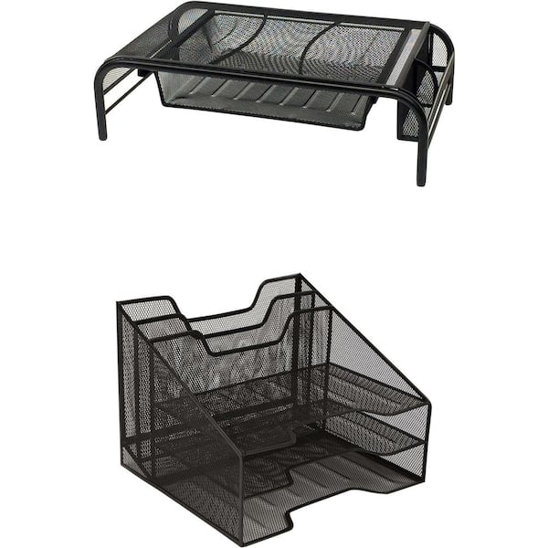 Metal Mesh Monitor Stand with Drawers and 5-Tier Desk Paper Tray, Black (2-Piece)