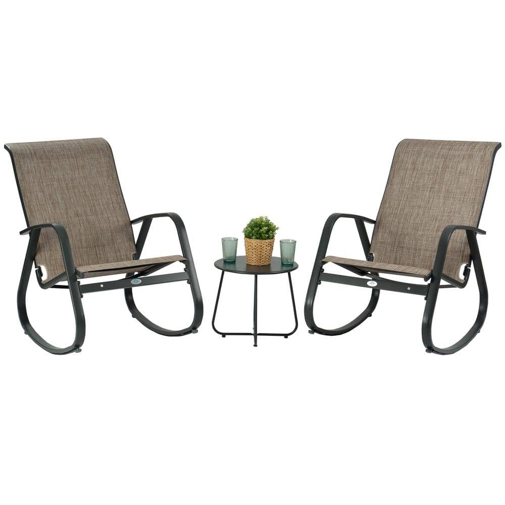 Black Aluminum Frame Beige Mesh Fabric Outdoor Rocking Chair Set